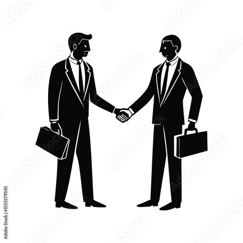Two businessmen in suits shaking hands, symbolizing collaboration and success.