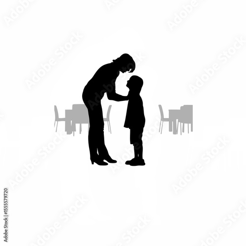 Silhouette of a social worker comforting a child in a community center on white background