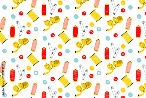 Sewing Tools Seamless Pattern – Cute Thread Spools, Buttons, Tape and Pins Vector for Fabric and Craft Projects.Playful seamless vector pattern featuring colorful sewing items like measuring tapes, 

