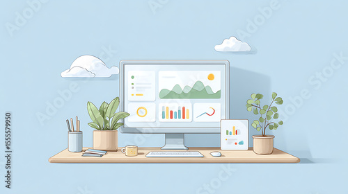 Home Desk with Computer and Data Visualization