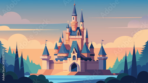 A whimsical castle towers over a serene body of water scene landscape illustration