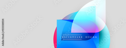 Abstract geometric shapes overlap, creating vibrant color gradients. Background features soft gray tones, modern design elements.
