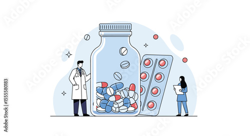 Medical Professionals Observing Pharmaceutical Products and Pills Inside a Large Bottle Surrounded by Scattered Medicine Capsules