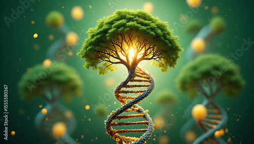 Tree of life growing from dna helix with glowing particles and bokeh effect
