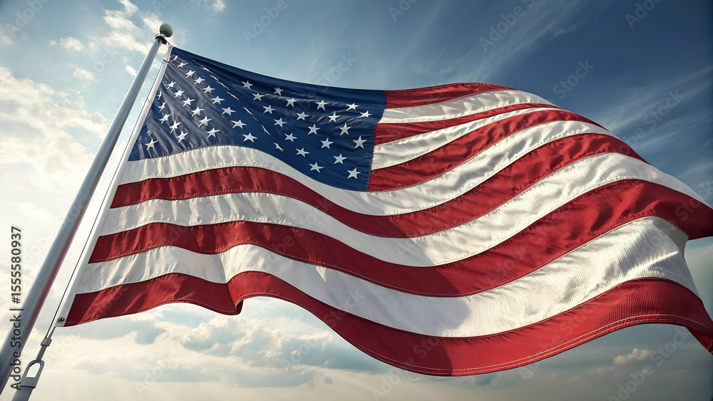 Fototapeta premium American Flag Waving Against a Cloudy Sky