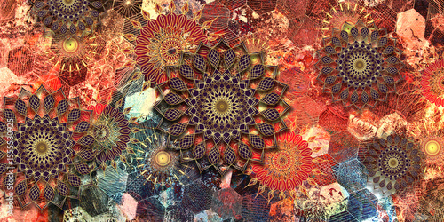 Mystical Mandala Background – Intricate Bohemian Art for Meditation, Tattoo, and Decor, colorful vintage art, ancient Indian vedic background design, old painting texture with  mathematical shapes