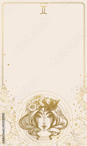 Gemini zodiac sign on beige aesthetic background with copy space, two halves of female face, astrological symbols, modern horoscope chart. Mystical hand drawn vector illustration.