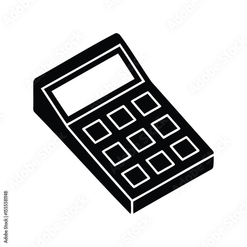 Isometric black and white calculator illustration with buttons and display screen