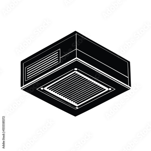 Monochrome illustration of a recessed ceiling air conditioning unit with ventilation grille