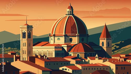 View of a cathedral and buildings in a city at sunset time landscape illustration