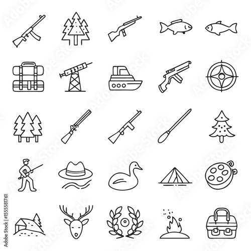 Outdoor Adventure Icons Hunting, Fishing, and Camping Line Art Graphics