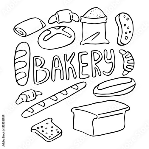 Bakery doodle set. Fresh bread and pastries hand drawn illustration. Sketch style drawing.