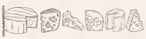 Cheese hand drawn set. Ink doodle sketch isolated on white background. Hand drawn vector illustration. Vintage style stroke drawing.