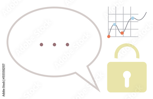 Speech bubble with dots, analytics graph, and padlock symbolize secure communication, data analysis, and privacy. Ideal for cybersecurity, communication, analytics, privacy data protection