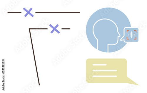 Minimalist head connection diagram, audio waves in speech bubble, and chat icon. Ideal for communication, AI, voice technology, messaging, interaction, digital tools simple flat metaphor