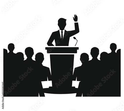 Public Speaker at Podium Addressing an Audience, Business Conference Vector Icon On White Background