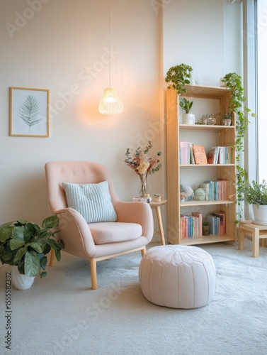 a beautifully designed modern mental health therapy room, soft natural lighting, cozy seating, calming pastel tones, indoor plants, bookshelf with mindfulness books