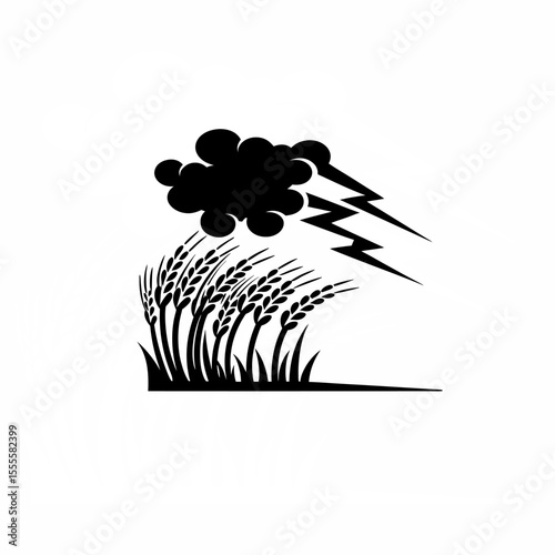 Silhouette of a storm destroying crops in a field on white background