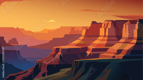 Stylized canyon view with sun setting in the distance sky landscape illustration