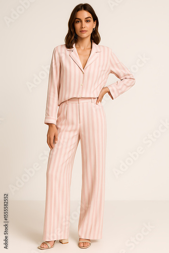 A elegant woman in a chic pink striped pajama set posing