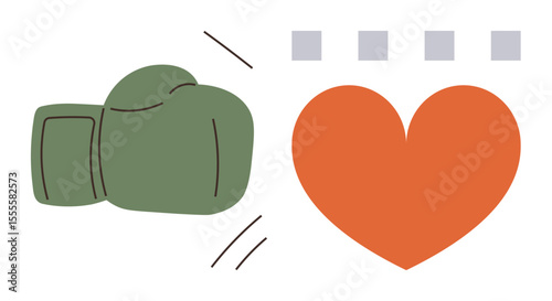 Green boxing glove moving toward an orange heart, symbolizing confrontation, love, or resilience. Ideal for emotional conflict, sports, interpersonal relationships, balance, perseverance strength