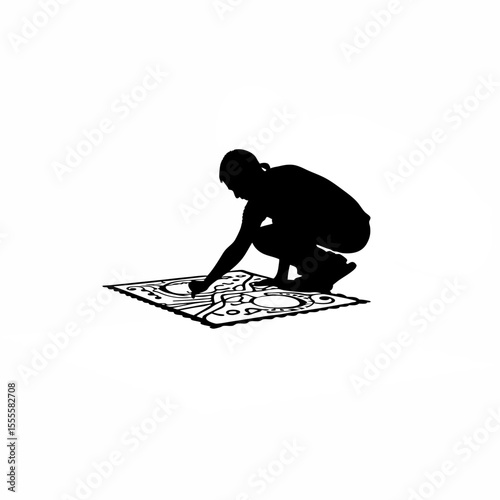 Silhouette of a street artist creating chalk art on a sidewalk on white background