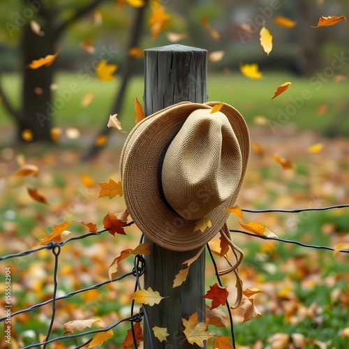 A hat clinging to a fence post as leaves scatter violently around it.