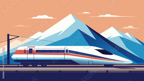 Modern train speeding by snowy mountains against peach sky landscape illustration