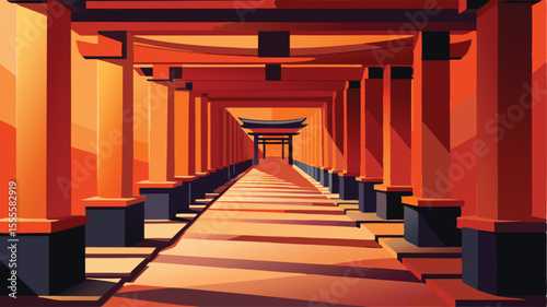 Orange torii gates pathway with shadows and distant structure landscape illustration