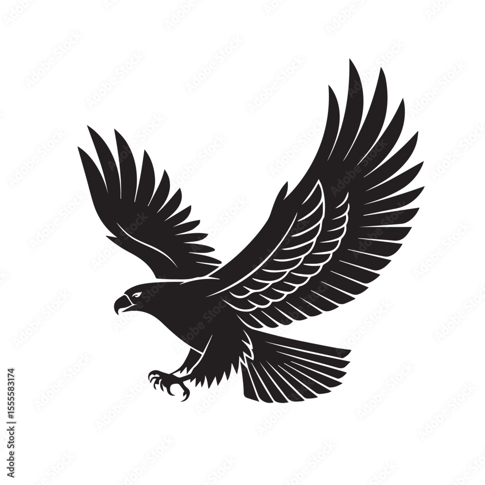Obraz premium Black minimal vector silhouette of a flying eagle with wings spread wide on transparent PNG-style background – bird of prey icon, avian graphic, wildlife emblem, simple contour design