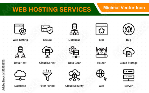 Set of web hosting and cloud services icons. Linear style icon bundle.Outline icon collection.