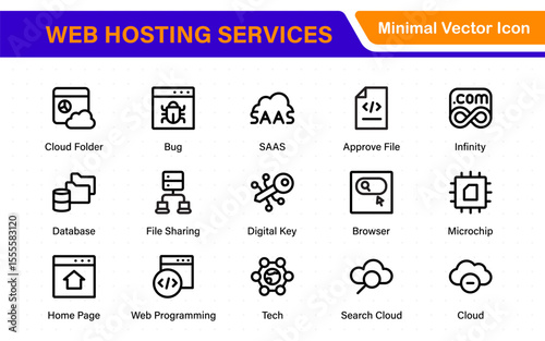 Set of web hosting and cloud services icons. Linear style icon bundle.Outline icon collection.