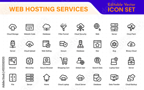 Set of web hosting and cloud services icons. Linear style icon bundle.Outline icon collection.