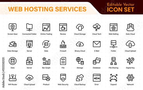 Set of web hosting and cloud services icons. Linear style icon bundle.Outline icon collection.