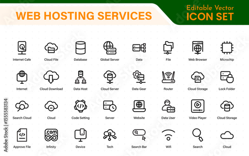 Set of web hosting and cloud services icons. Linear style icon bundle.Outline icon collection.