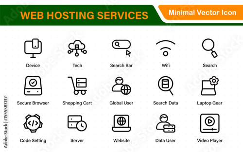 Set of web hosting and cloud services icons. Linear style icon bundle.Outline icon collection.