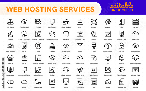 Set of web hosting and cloud services icons. Linear style icon bundle.Outline icon collection.