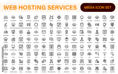 Set of web hosting and cloud services icons. Linear style icon bundle.Outline icon collection.