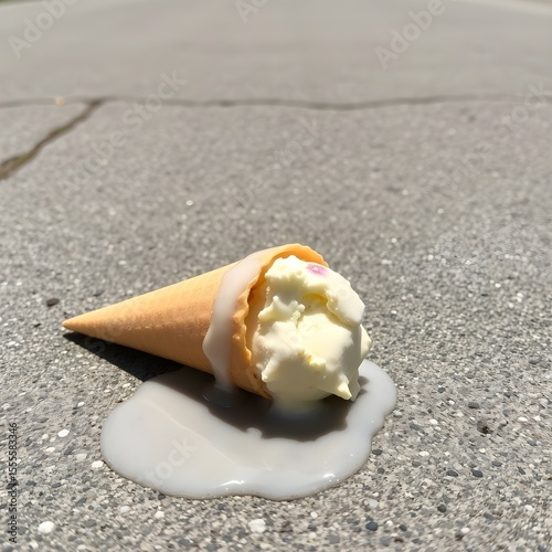 An ice cream cone dripping too fast in the heat, pooling on the pavement.