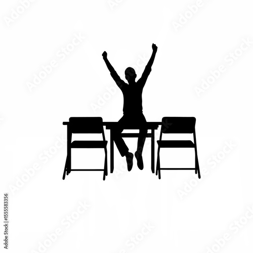 Silhouette of a student celebrating good exam results on white background