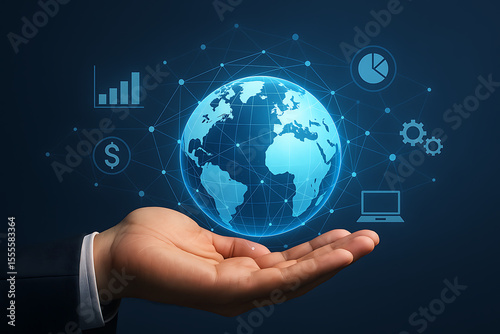 Global business expansion with economic indicators, featuring a hand supporting a radiant earth surrounded by financial and analytical icons