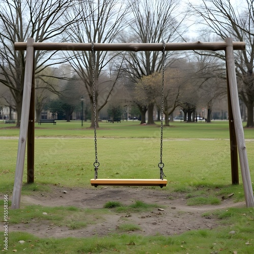 A swing still moving slightly in an empty park.

