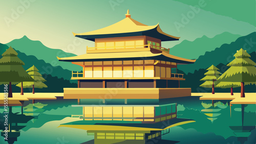 A golden temple reflecting in water with trees and mountains landscape illustration