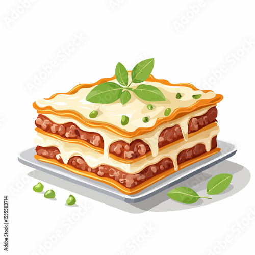 A delicious slice of classic Italian lasagna with meat sauce, bechamel, and fresh basil garnish, served on a plate