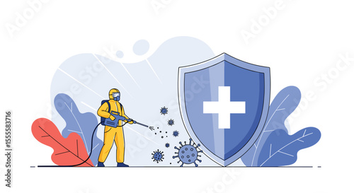 Expert decontamination specialist in protective gear spraying disinfectant on viruses to protect health and safety from biological threats