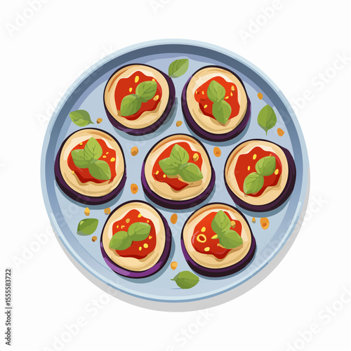 Appetizing platter of grilled eggplant slices topped with tomato sauce and fresh basil, a healthy vegan appetizer concept