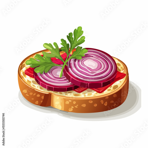 Delicious appetizer bruschetta with sliced red onion, tomato spread, and fresh parsley garnish on a piece of toast