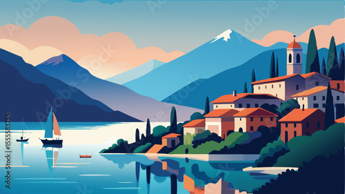 Artistic view of a coastal town with boats and mountains behind landscape illustration