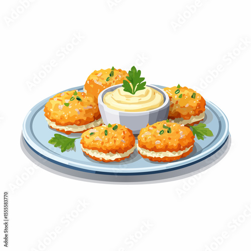 Vector illustration of a savory appetizer platter with golden fried crab cakes and a creamy dipping sauce, garnished with fresh herbs.