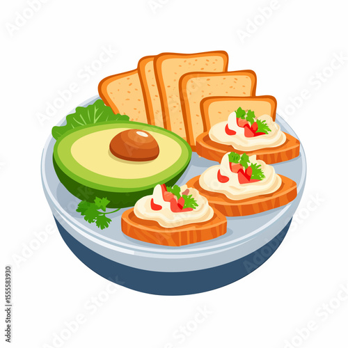 A wholesome breakfast plate featuring fresh avocado, toasted bread, and delicious bruschetta. A concept for a healthy and nutritious meal.
